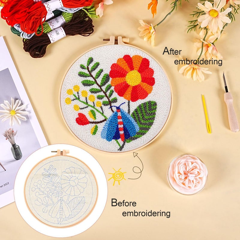 KESTAR Punch Needle Embroidery Starter Kits, Flower Dragonfly Punch Needle Kits for Adults Beginner, Needle Punch Kit Tool with Instruction Threader Fabric Yarns and Hoop - Image 4